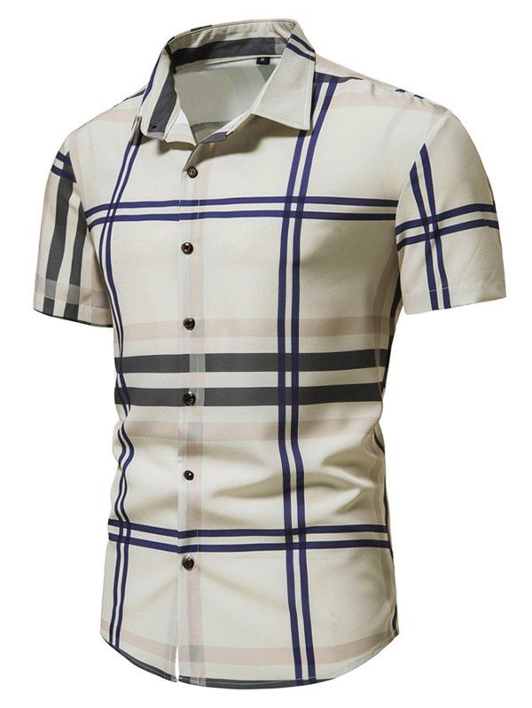 Plaid Print Shirt Turn Down Collar Short Sleeve Summer Casual Button Up Shirt - KHAKI XL
