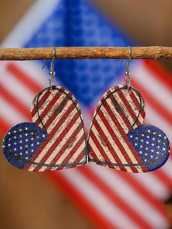 Vintage Drop Earrings Star Striped American Flag Print Heart-shaped Patriotic Earrings - multicolor 