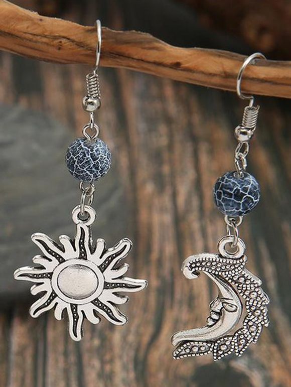 Boucles D'Oreilles Pendantes Asymétriques Motif Lune Soleil et Perle Style Bohémien Vintage - Argent 