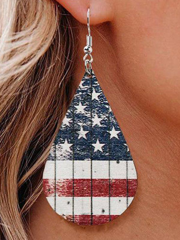 Vintage Drop Earrings Droplet-shaped Star Striped American Flag Print Patriotic Wooden Earrings - multicolor 
