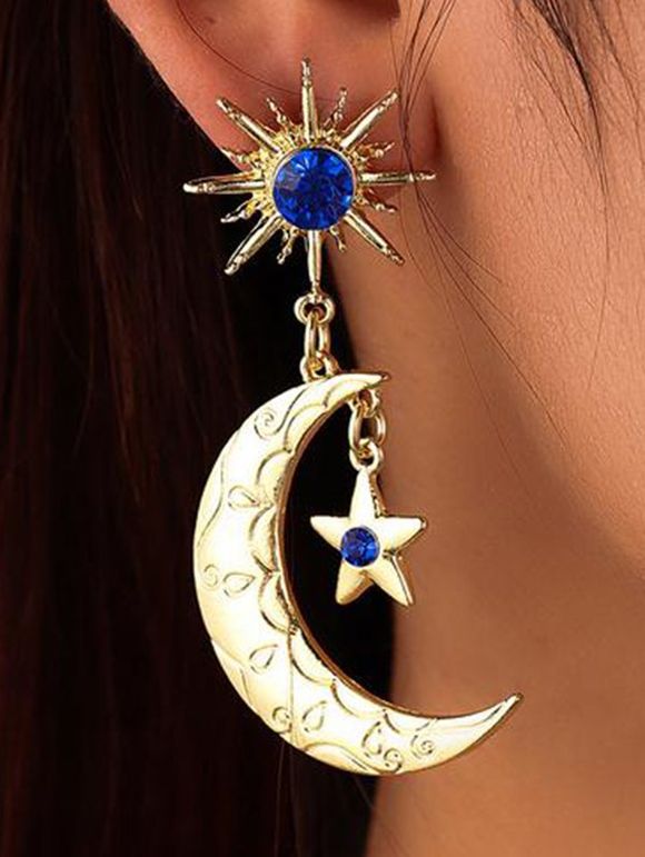 Boucles D'Oreilles Pendantes Élégantes Motif Etoile Lune et Soleil Bleu Style Vintage - d'or 
