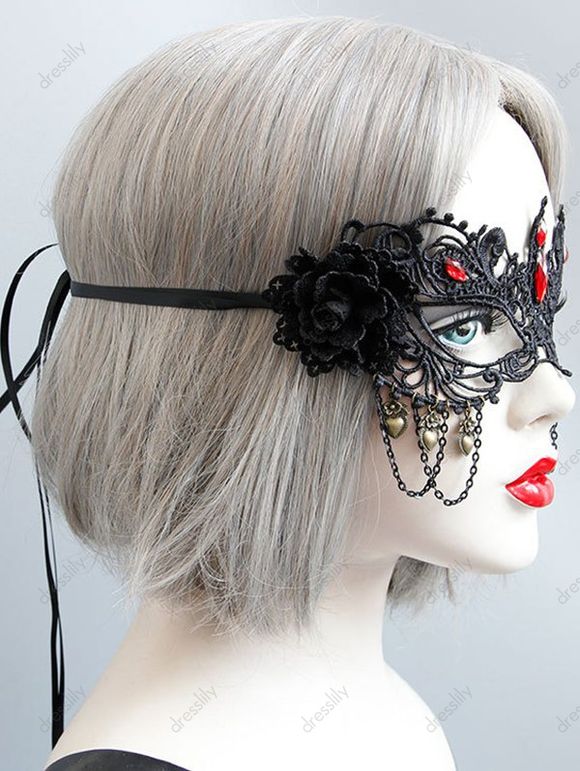 Chaîne de Cheveux en Dentelle Motif Cœur et Rose Style Gothique pour Halloween - Noir 