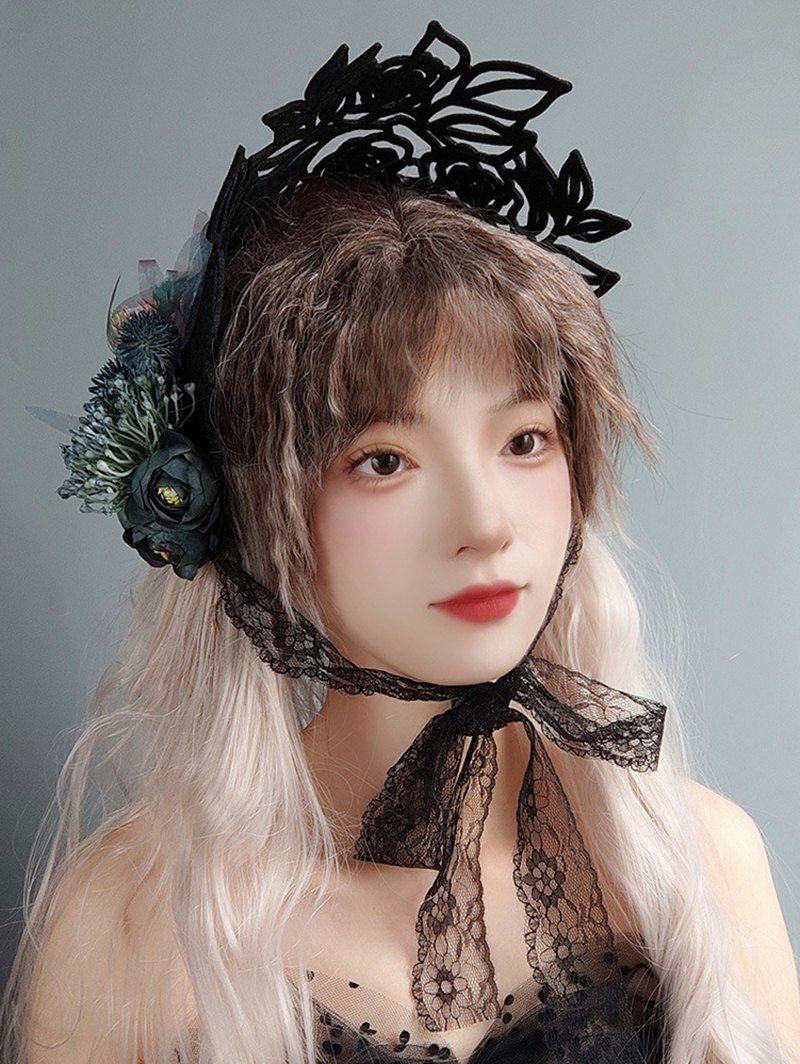Accessoire de Cheveux D'Halloween Gothique Rose Evidée en Dentelle - Noir 
