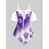 T-shirt à Imprimé Fleuri à Epaule Dénudée de Grande Taille à Lacets - Pourpre 3X | US 22-24