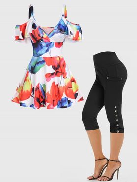 Watercolor Floral Print Cold Shoulder Plunging Neck Skirted Surplice T Shirt and Plain Color High Waist Mock Button Pockets Capri Leggings Summer Casual Outfit