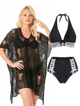 Gothic Lace Up Lace Panel Butterfly Ring High Waisted Bikini Swimsuit and One Size Vacation Style Cut Out Knit Crochet Cover Up Summer Casual Beach Outfit