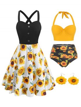 Sunflower Print Tummy Control Ruched Halter Bikini Swimsuit and Crossover Mock Button A Line Flower Print Sundress and Floral Drop Earrings Three Piece Summer Outfit