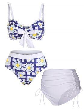 Grid Daisy Floral Print Bowknot Ruched Tummy Control Tankini Swimsuit and Polka Dots Plain Color High Rise Cinched Tie Swim Briefs Summer Beach Outfit