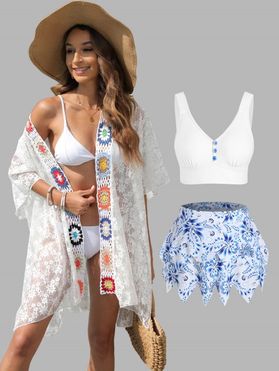 Bohemian Flower Print Plunging Neck Mock Button Layered Skirted Tankini Swimwear and Hollow Out Slit Floral Lace White Sheer Kimono Cover Up Summer Beach Outfit