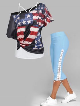 American Flag Print Skew Collar T Shirt Strappy Camisole Two Piece Top and Lace Up Skinny Crop Leggings Summer Casual Outfit