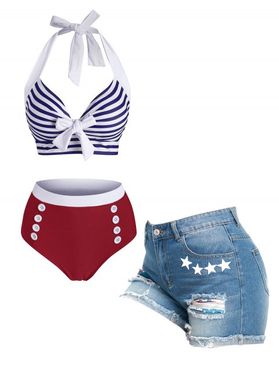 Vintage Stripe Bowknot Tummy Control Tankini Swimsuit Set and Star Patriotic Ripped Raw Hem Denim Shorts Retro Summer Outfit