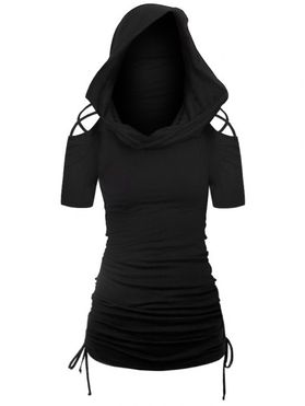 Hooded Casual T Shirt Crisscross Cut Out Cinched Plain Color Cowl Neck Tee