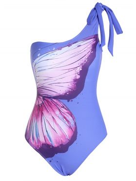 Vacation One-piece Swimsuit Butterfly Print One Shoulder Padded Tied Summer Swimwear