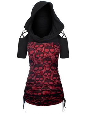 Skull Lace Panel Gothic T Shirt Cinched Side Cross Cut Out Short Sleeve Cowl Neck Hooded Tee