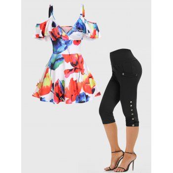 

Watercolor Floral Print Cold Shoulder Plunging Neck Skirted Surplice T Shirt and Plain Color High Waist Mock Button Pockets Capri Leggings Summer Casual Outfit, Multicolor