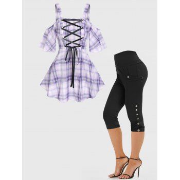 

Plaid Lace Up Cut Out Cold Shoulder Blouse and High Waist Mock Button Pockets Plain Color Capri Leggings Summer Casual Outfit, Multicolor