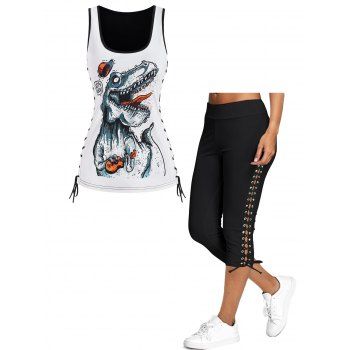 

Dinosaur Guitar Letter Print Lace Up Ringer Tank Top and Lace Up Skinny Crop Leggings Summer Casual Outfit, Multicolor