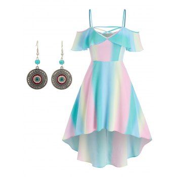 Crossover Cold Shoulder Rainbow Print Foldover High Low Midi Dress and Vintage Beaded Flower Pattern Circle Pendant Drop Earrings Summer Vacation Outfit