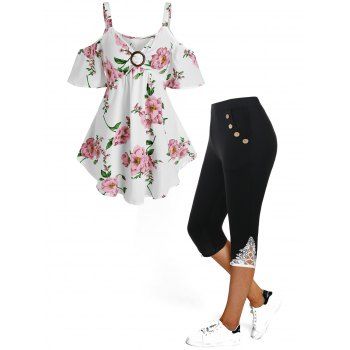 

Floral Print O Ring Cold Shoulder Blouse and High Waist Lace Applique Capri Leggings Summer Casual Outfit, Multicolor