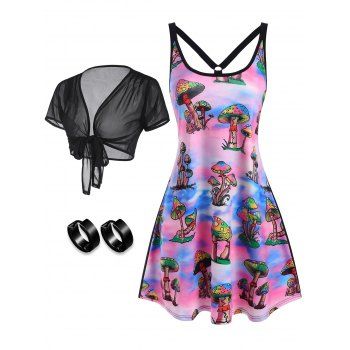 

Mushroom Print Tie Dye O Ring Strappy Tank Dress and Open Front Bowknot Sheer Mesh Crop Cover Up and Rock Style Circle Stud Earrings Three Piece Summer Vacation Outfit, Multicolor