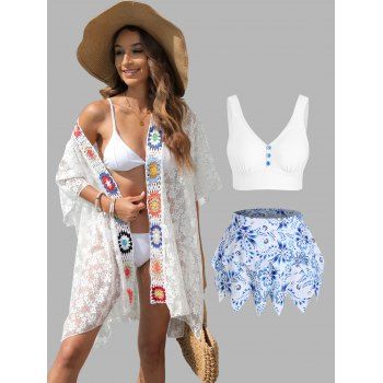 

Bohemian Flower Print Plunging Neck Mock Button Layered Skirted Tankini Swimwear and Hollow Out Slit Floral Lace White Sheer Kimono Cover Up Summer Beach Outfit, Multicolor