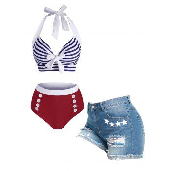 

Vintage Stripe Bowknot Tummy Control Tankini Swimsuit Set and Star Patriotic Ripped Raw Hem Denim Shorts Retro Summer Outfit, Multicolor