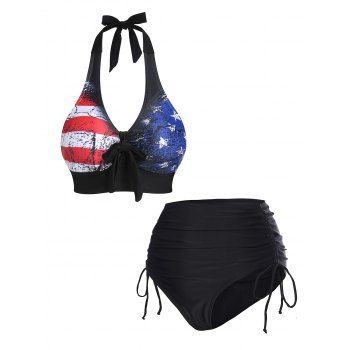 

Retro American Flag Print Knotted Stripe Bikini Top and Plain Color High Rise Cinched Tie Swim Briefs Summer Beach Outfit, Multicolor