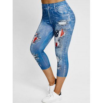 

Plus Size American Flag Print Casual Capri Jeggings Faux Denim Elastic Waist Summer Leggings, Blue