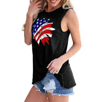 

American Flag Sunflower Print Tank Top Casual Summer Round Neck Top, Black