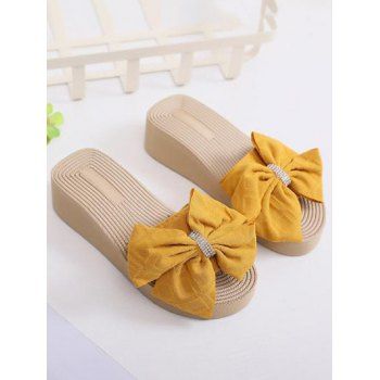 

Summer Beach Geometric Print Bowknot Rhinestone Wedge Heel Trendy Slippers, Yellow