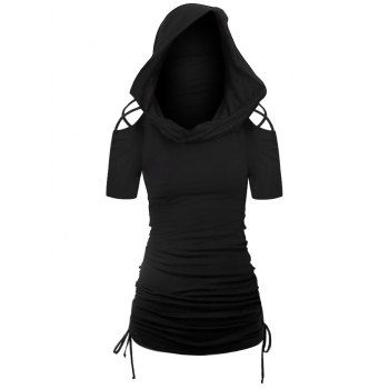 

Hooded Casual T Shirt Crisscross Cut Out Cinched Plain Color Cowl Neck Tee, Black