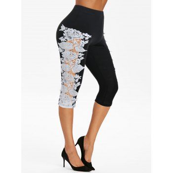 

Lace Crochet High Waist Capri Leggings, Black