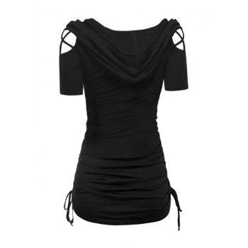 Skull Lace Panel Gothic T Shirt Cinched Side Cross Cut Out Short Sleeve Cowl Neck Hooded Tee
