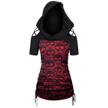 

Skull Lace Panel Gothic T Shirt Cinched Side Cross Cut Out Short Sleeve Cowl Neck Hooded Tee, Black