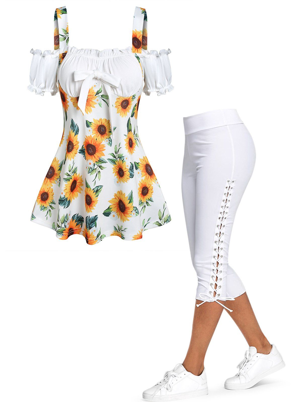 Sunflower Print Bowknot Ruffle Cold Shoulder 2 In 1 T Shirt and Solid Color Lace Up Skinny Crop Leggings Summer Casual Outfit - multicolor S
