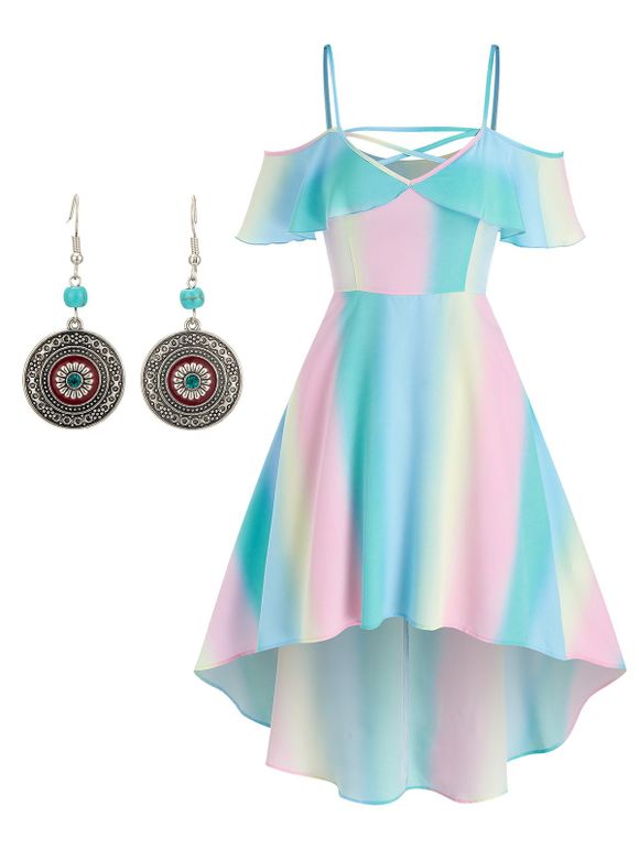 Ensemble d'Été de Vacances avec Robe Mi-longue Haute Basse Croisée Motif de Fleur et D'Arc-en-ciel à Goutte Épaule et Boucles d'Oreilles Pendantes Vintage Motif Fleur - multicolor S