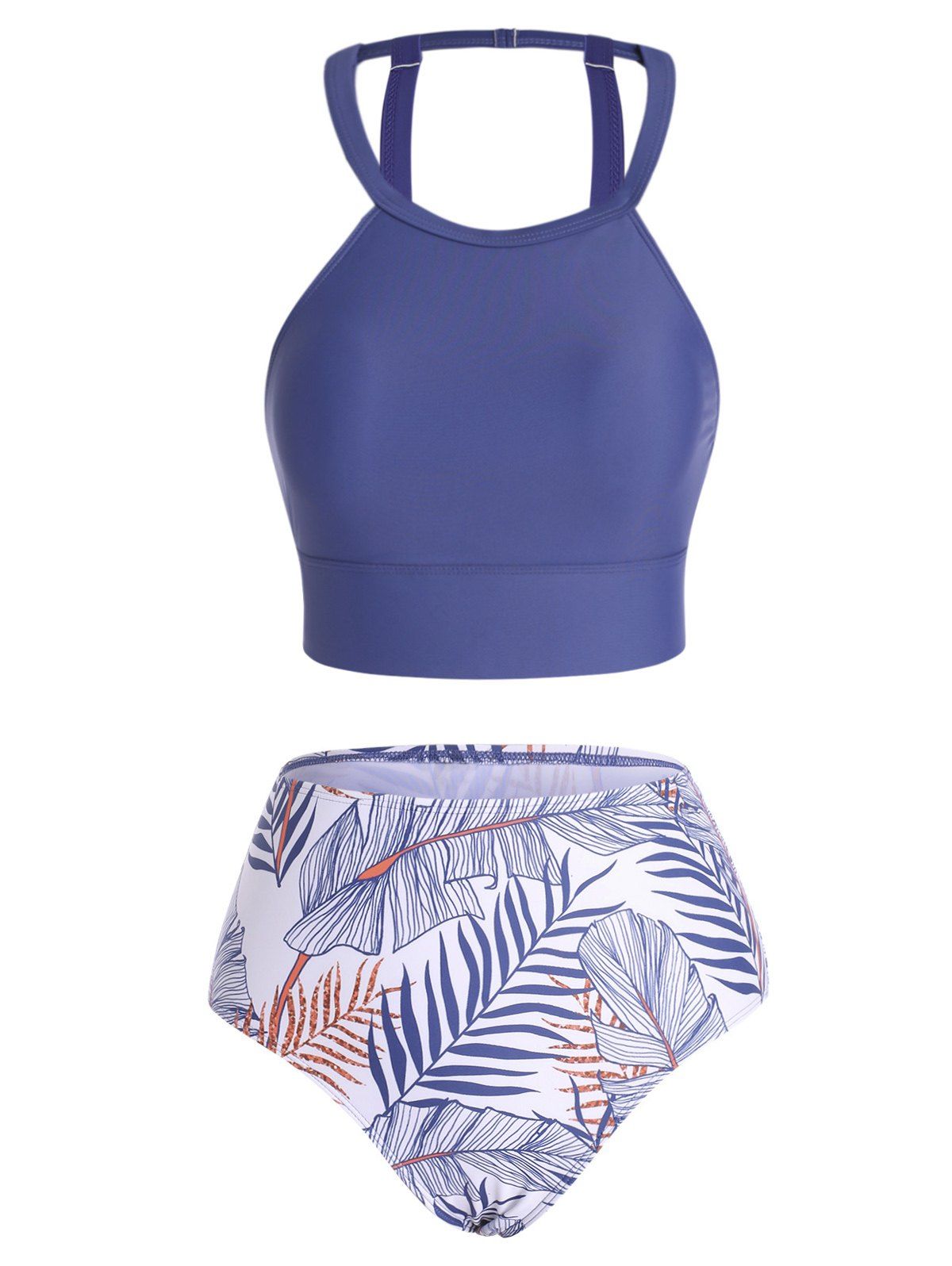 Tummy Control Tankini Swimsuit Leaf Print Cut Out High Waist Bottom Padded Summer Beach Swimwear - DEEP BLUE XL