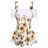 Sunflower Print Bowknot Ruffle Cold Shoulder 2 In 1 T Shirt and Solid Color Lace Up Skinny Crop Leggings Summer Casual Outfit - multicolor S