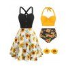 Sunflower Print Tummy Control Ruched Halter Bikini Swimsuit and Crossover Mock Button A Line Flower Print Sundress and Floral Drop Earrings Three Piece Summer Outfit - multicolor S