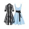 Contrast Two Tone Bowknot Corset Style Ruched Flare Mini Dress and Open Front Roll Up Cuff Floral Lace Sheer Kimono Summer Trendy Outfit - multicolor S