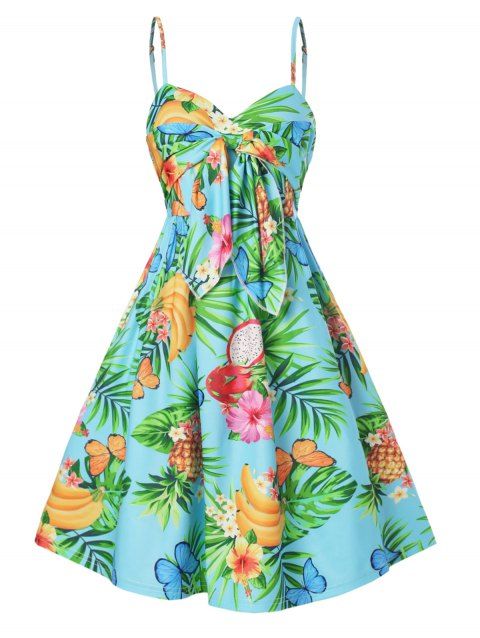 Tropical Print Sundress Floral Fruit Knotted Front Summer Cami Empire Waist Dress