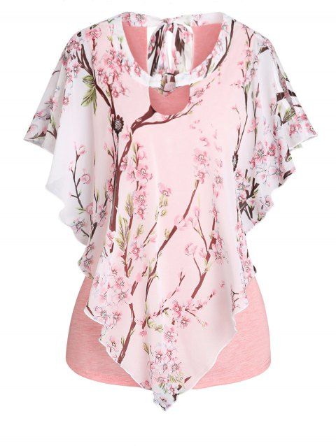 Peach Bloom Floral Asymmetric Chiffon T Shirt 2 In 1 Cut Out Heathered Summer Tee