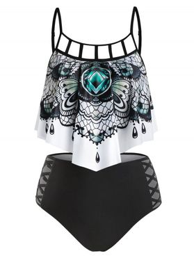 Plus Size Swimsuit Gothic Printed Two Piece Tankini Swimwear Set Flounce Tummy Control Bathing Suit