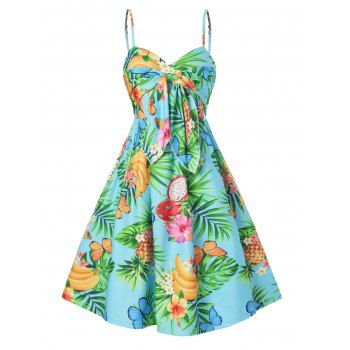 

Tropical Print Beach Sundress Floral Fruit Knotted Front Summer Cami Empire Waist Dress, Multicolor