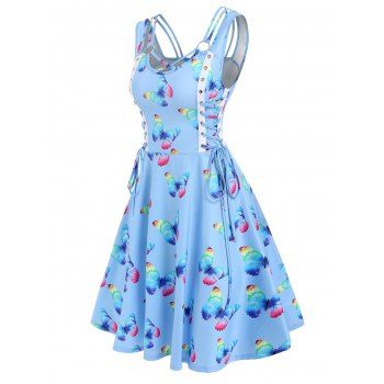 

O Ring Lace Up Butterfly Pattern Dress, Multicolor