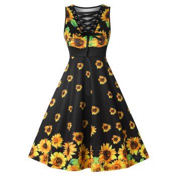 

Sunflower Print Sundress Lace Up A Line Dress, Black