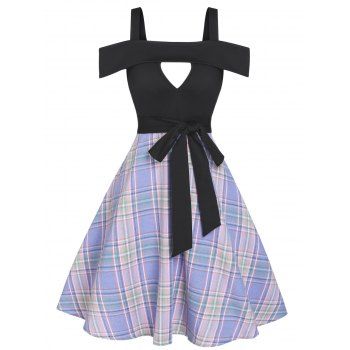 

Cold Shoulder Dress Plaid Print A Line Dress Heart Cutout Bowknot Combo Dress, Light purple
