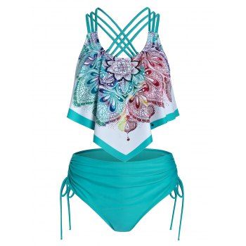 

Plus Size Swimsuit Bohemian Flower Print Tankini Swimwear Crisscross Cinched Tie Curve Bathing Suit, Light green