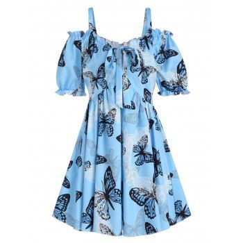 

A Line Mini Vacation Dress Cold Shoulder Allover Butterfly Print Ruched Tied Front Empire Waist Puff Sleeve Summer Dress, Light blue