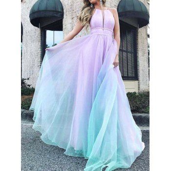 

Ombre Maxi Party Dress Ruched Mesh Flutter Hem High Waist Sleeveless A Line Formal Dress, Light purple